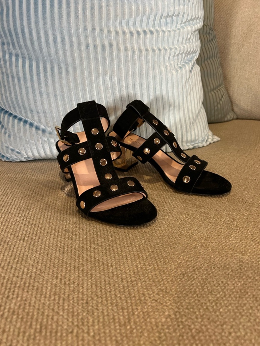 kate spade Black Studded Strappy Block Heels